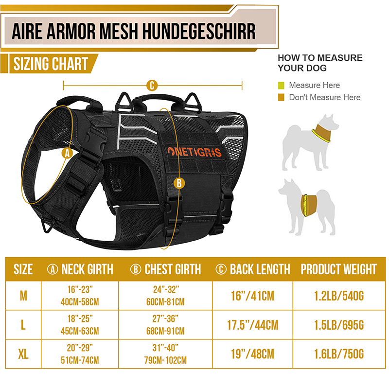 OneTigris AIRE ARMOR Mesh Harness size chart